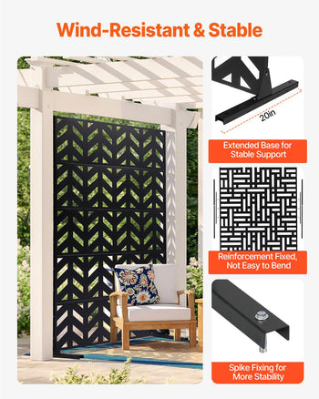 Metal Privacy Screen, 47" W x 72" H, Outdoor Privacy Screens 5-Panel, Freestanding Outdoor Divider with Stand, Decorative Garden Steel Privacy Fence for Balcony Patio Indoor Room Black