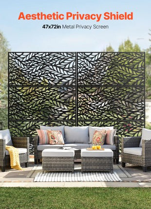 Metal Privacy Screen, 47" W x 72" H, Outdoor Privacy Screens & Panels, Freestanding Outdoor Divider with Stand, 3-Panel Decorative Garden Steel Privacy Fence for Balcony Patio Indoor Room Black