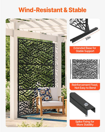 Metal Privacy Screen, 47" W x 72" H, Outdoor Privacy Screens & Panels, Freestanding Outdoor Divider with Stand, 3-Panel Decorative Garden Steel Privacy Fence for Balcony Patio Indoor Room Black