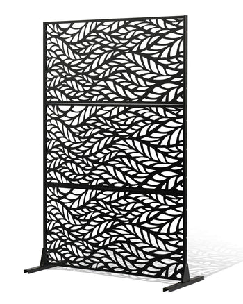Metal Privacy Screen, 47" W x 72" H, Outdoor Privacy Screens & Panels, Freestanding Outdoor Divider with Stand, 3-Panel Decorative Garden Steel Privacy Fence for Balcony Patio Indoor Room Black