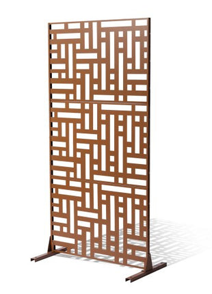 Metal Privacy Screen, 47" W x 76" H, Outdoor Privacy Screens 3-Panel, Freestanding Outdoor Divider with Stand, Decorative Garden Steel Privacy Fence for Balcony Patio Indoor Room Hot Tub Brown
