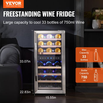 33-Bottle Wine Cooler, Dual Zone & Dual Temperature Wine Fridge, Freestanding Refrigerator with Circulating Air-cooling and Digital Control, Tempered Glass Door with UV Protection, for Home Bar