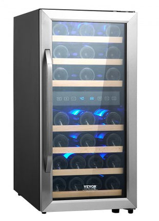33-Bottle Wine Cooler, Dual Zone & Dual Temperature Wine Fridge, Freestanding Refrigerator with Circulating Air-cooling and Digital Control, Tempered Glass Door with UV Protection, for Home Bar