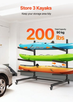 VEVOR Kayak Storage Rack for 3 Kayaks, Holds 200 lbs, Heavy Duty Adjustable Freestanding Stand with Lockable Wheels for Indoor Outdoor Garage Shed Dock, Holder for Canoe, SUP, Surfboard & Paddleboard