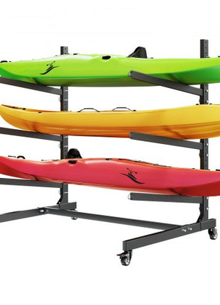 VEVOR Kayak Storage Rack for 3 Kayaks, Holds 200 lbs, Heavy Duty Adjustable Freestanding Stand with Lockable Wheels for Indoor Outdoor Garage Shed Dock, Holder for Canoe, SUP, Surfboard & Paddleboard