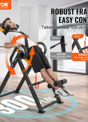 Inversion Table, 300lbs Capacity Heavy Duty Inversion Table, Decompression Back Stretcher Machine, Strength Training Equipment with Headrest, Ankle Lock, Adjustable Protective Belt, Orange/Black