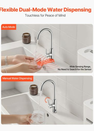 Touchless Kitchen Bar Sink Faucet, Single Handle Automatic Motion Sensor Bathroom Faucet, Hands-Free Adjustable Cold Hot Water Mixer Flexible Swivel for 9/16 in Pipe,Chrome Plated Silver