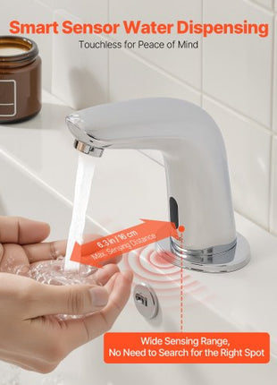 Touchless Bathroom Sink Faucet, Automatic Motion Sensor Restroom Toilet Faucet Cold Water with Hole Cover Plate, Battery Operated for 9/16 in Pipe Commercial Lavatory,Chrome Plated Silver G112M