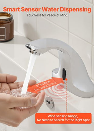 Touchless Bathroom Sink Faucet, Automatic Motion Sensor Restroom Toilet Faucet Cold Water with Hole Cover Plate, Battery Operated for 9/16 in Pipe Commercial Lavatory,Chrome Plated Silver