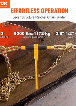 Chain and Binder Kit, 3/8"-1/2" Ratchet Load Binders 9200 lbs Working Load Limit, 3/8" x 10' G80 Chains with Grab Hooks, Ratchet Binders and Chains for Truck, Tie Down, Hauling, Towing, 2 Set