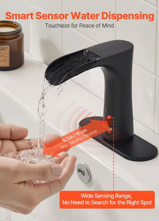 Touchless Bathroom Sink Faucet, Automatic Motion Sensor Waterfall Restroom Toilet Faucet with Hole Cover Plate, Modern Electronic Sensor Hot/Cold Water for 9/16 in Pipe Commercial,Matte Black