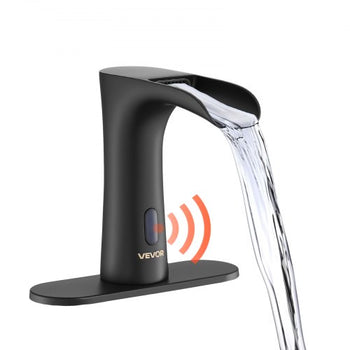 Touchless Bathroom Sink Faucet, Automatic Motion Sensor Waterfall Restroom Toilet Faucet with Hole Cover Plate, Modern Electronic Sensor Hot/Cold Water for 9/16 in Pipe Commercial,Matte Black
