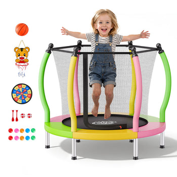 Trampoline for Kids, Toddler Mini Trampoline, 132 lbs Capacity Indoor Outdoor Play Toys with Enclosure Net and Basketball Hoop, Easy to Assemble, Christmas Toys Birthday Gifts for Girls Boys