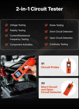 Automotive Circuit Tester Kit, 8 - 35 DCV Power Circuit Probe Tester with TFT Color Display and Lighting, 2-in-1 Electrical Automotive Power Tester Probe with 19.7 ft / 6 m Extension Cable