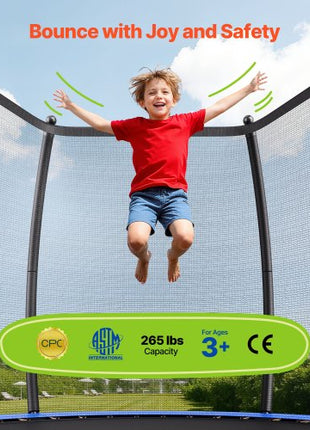 Outdoor Trampoline, 8FT Recreational Trampoline, ASTM Approved Trampolines with Enclosure Net & Thickened Pad, Max 265 lbs Weight Capacity, Anti-Rust Backyard Trampolines for Kids & Adults