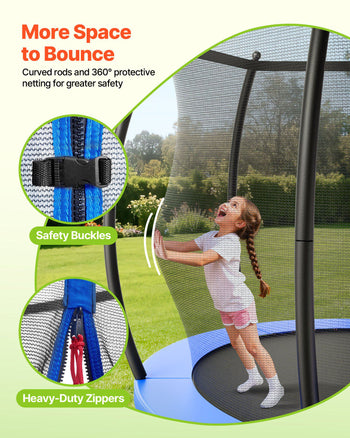 Outdoor Trampoline, 8FT Recreational Trampoline, ASTM Approved Trampolines with Enclosure Net & Thickened Pad, Max 265 lbs Weight Capacity, Anti-Rust Backyard Trampolines for Kids & Adults