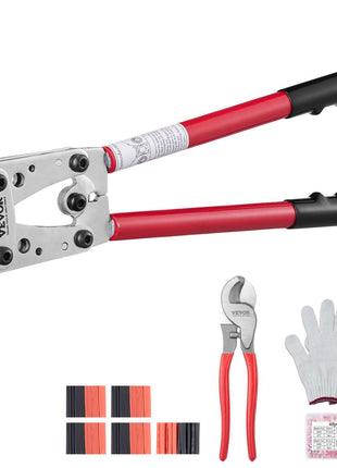 Red and black wire crimping tool set with gloves and pliers, featuring a durable metal head and comfortable grips.