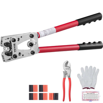 Red and black wire crimping tool set with gloves and pliers, featuring a durable metal head and comfortable grips.
