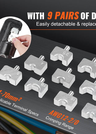 Silver crimping dies set with 9 pairs, compatible with 4-10 mm² terminals and AWG 12-20, easily detachable design.