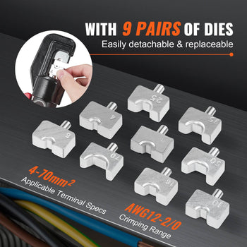 Silver crimping dies set with 9 pairs, compatible with 4-10 mm² terminals and AWG 12-20, easily detachable design.