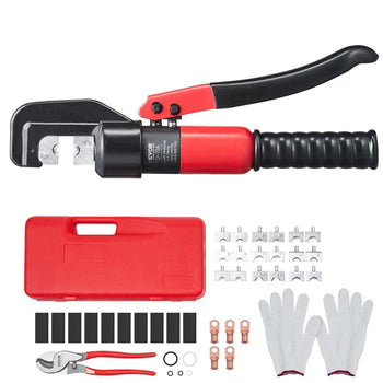 Red and black crimping tool set with case, gloves, and copper connectors for electrical wiring projects.
