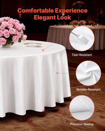 White Round Tablecloths 6 Pack, 132 Inches in Diameter, Stain- & Wrinkle- Resistant, Machine Washable Table Clothes, Polyester Fabric Table Covers for Wedding, Party, Banquet, Formal Events