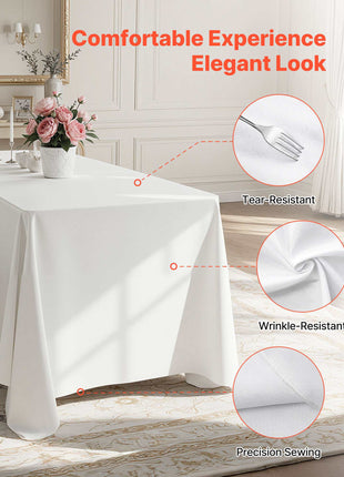 White Tablecloths for Rectangle Tables, 6 Pack, 90 x 132 Inches, Reusable and Machine Washable Table Clothes, Wrinkle-Resistant Polyester Fabric Table Covers for Wedding, Party, Banquet