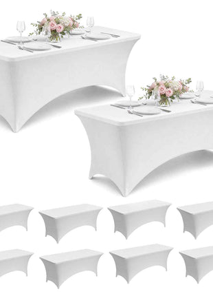 10 Pack Table Cloth for 6FT Rectangular Fitted Events, Wrinkle-Resistant Stretch White Table Covers, Washable Spandex Tablecloth Protector, for Party, Wedding, Cocktail, Banquet, Festival