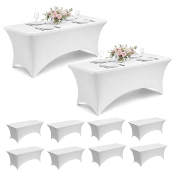 10 Pack Table Cloth for 6FT Rectangular Fitted Events, Wrinkle-Resistant Stretch White Table Covers, Washable Spandex Tablecloth Protector, for Party, Wedding, Cocktail, Banquet, Festival