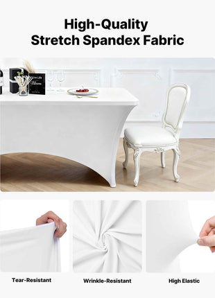 6 Pack Table Cloth for 8FT Rectangular Fitted Events, Wrinkle-Resistant Stretch White Table Covers, Washable Spandex Tablecloth Protector, for Party, Wedding, Cocktail, Banquet, Festival