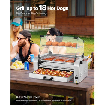 Hot Dog Roller, 18 Hot Dog 7 Rollers, Stainless Steel Sausage Grill Cooker, 1200W Hot Dog Machine with Bun Warmer, Cover, 3 Temp Control, Side Storage Box, Oil Drip Tray, for Home & Commercial