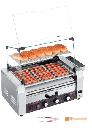 Hot Dog Roller, 18 Hot Dog 7 Rollers, Stainless Steel Sausage Grill Cooker, 1200W Hot Dog Machine with Bun Warmer, Cover, 3 Temp Control, Side Storage Box, Oil Drip Tray, for Home & Commercial