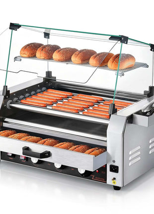 Hot Dog Roller, 18 Hot Dog 7 Rollers, Stainless Steel Sausage Grill Cooker, 1200W Hot Dog Machine with Bun Warmer, Cover, 3 Temp Control, Side Storage Box, Oil Drip Tray, for Home & Commercial