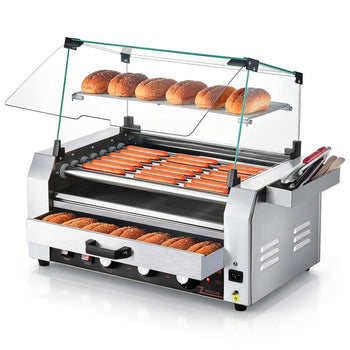 Hot Dog Roller, 18 Hot Dog 7 Rollers, Stainless Steel Sausage Grill Cooker, 1200W Hot Dog Machine with Bun Warmer, Cover, 3 Temp Control, Side Storage Box, Oil Drip Tray, for Home & Commercial