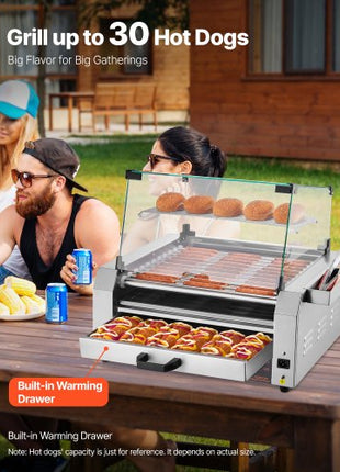 Hot Dog Roller, 30 Hot Dog 11 Rollers, Stainless Steel Sausage Grill Cooker, 1950W Hot Dog Machine with Bun Warmer, Cover, 3 Temp Control, Side Storage Box, Oil Drip Tray, for Home & Commercial