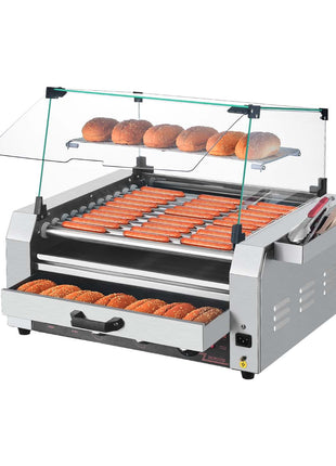 Hot Dog Roller, 30 Hot Dog 11 Rollers, Stainless Steel Sausage Grill Cooker, 1950W Hot Dog Machine with Bun Warmer, Cover, 3 Temp Control, Side Storage Box, Oil Drip Tray, for Home & Commercial