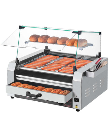 Hot Dog Roller, 30 Hot Dog 11 Rollers, Stainless Steel Sausage Grill Cooker, 1950W Hot Dog Machine with Bun Warmer, Cover, 3 Temp Control, Side Storage Box, Oil Drip Tray, for Home & Commercial