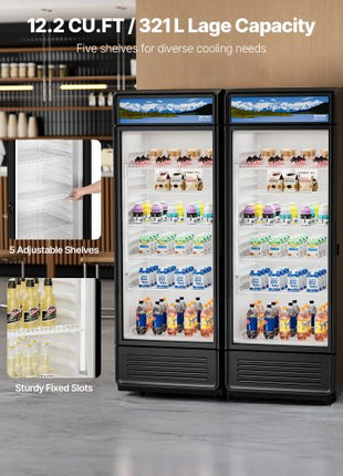 Commercial Merchandiser Refrigerator, 12.2 CU.FT Glass Door Display Refrigerator, Beverage Refrigerator Cooler Merchandiser with Adjustable Shelves, Soft LED Light, Customizable Lightbox, Black