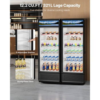 Commercial Merchandiser Refrigerator, 12.2 CU.FT Glass Door Display Refrigerator, Beverage Refrigerator Cooler Merchandiser with Adjustable Shelves, Soft LED Light, Customizable Lightbox, Black