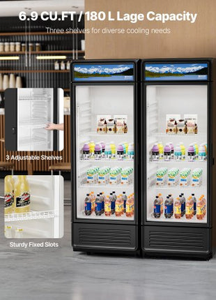Commercial Merchandiser Refrigerator, 6.9 CU.FT Glass Door Display Refrigerator, Beverage Refrigerator Cooler Merchandiser with Adjustable Shelves, Soft LED Light, Customizable Lightbox, Black