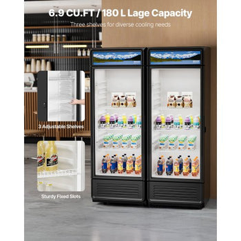 Commercial Merchandiser Refrigerator, 6.9 CU.FT Glass Door Display Refrigerator, Beverage Refrigerator Cooler Merchandiser with Adjustable Shelves, Soft LED Light, Customizable Lightbox, Black