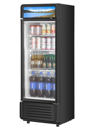Commercial Merchandiser Refrigerator, 6.9 CU.FT Glass Door Display Refrigerator, Beverage Refrigerator Cooler Merchandiser with Adjustable Shelves, Soft LED Light, Customizable Lightbox, Black