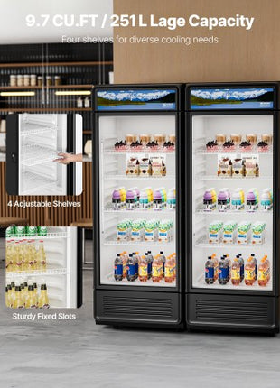Commercial Merchandiser Refrigerator, 9.7 CU.FT Glass Door Display Refrigerator, Beverage Refrigerator Cooler Merchandiser with Adjustable Shelves, Soft LED Light, Customizable Lightbox, Black