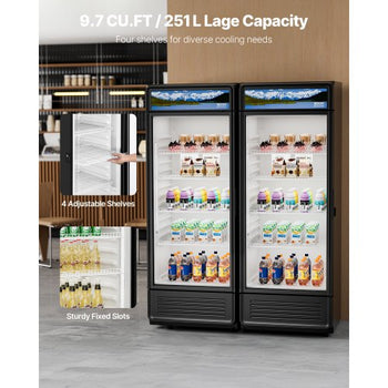 Commercial Merchandiser Refrigerator, 9.7 CU.FT Glass Door Display Refrigerator, Beverage Refrigerator Cooler Merchandiser with Adjustable Shelves, Soft LED Light, Customizable Lightbox, Black