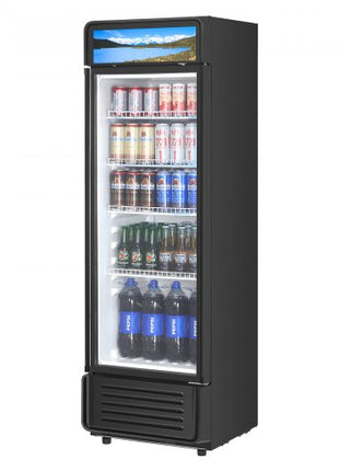 Commercial Merchandiser Refrigerator, 9.7 CU.FT Glass Door Display Refrigerator, Beverage Refrigerator Cooler Merchandiser with Adjustable Shelves, Soft LED Light, Customizable Lightbox, Black