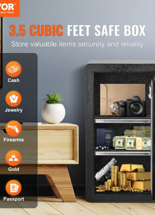 Single Door 3.5 cu.ft Safe Box with Key Lock & Password, Safe Lock Box with Fireproof Bag, Key Rack, LED Light, and 2 Shelves for Money, Documents, Jewelry, and Valuables, Black