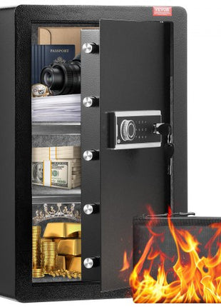 Single Door 3.5 cu.ft Safe Box with Key Lock & Password, Safe Lock Box with Fireproof Bag, Key Rack, LED Light, and 2 Shelves for Money, Documents, Jewelry, and Valuables, Black
