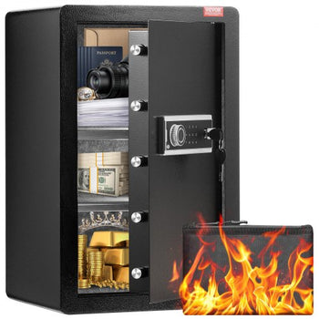 Single Door 3.5 cu.ft Safe Box with Key Lock & Password, Safe Lock Box with Fireproof Bag, Key Rack, LED Light, and 2 Shelves for Money, Documents, Jewelry, and Valuables, Black