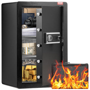 Single Door 3.5 cu.ft Safe Box with Key Lock & Password, Safe Lock Box with Fireproof Bag, Key Rack, LED Light, and 2 Shelves for Money, Documents, Jewelry, and Valuables, Black