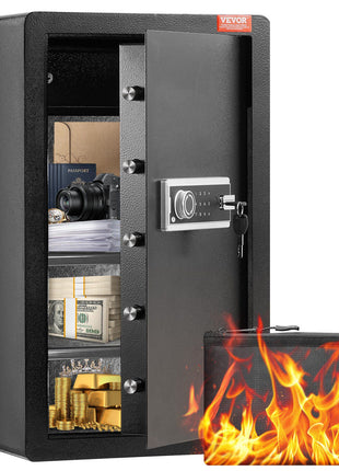 Single Door 4.0 cu.ft Safe Box with Key Lock & Password, Safe Lock Box with Fireproof Bag, Key Rack, LED Light, 2 Shelves, and 1 Cabinet for Money, Documents, Jewelry, and Valuables, Black
